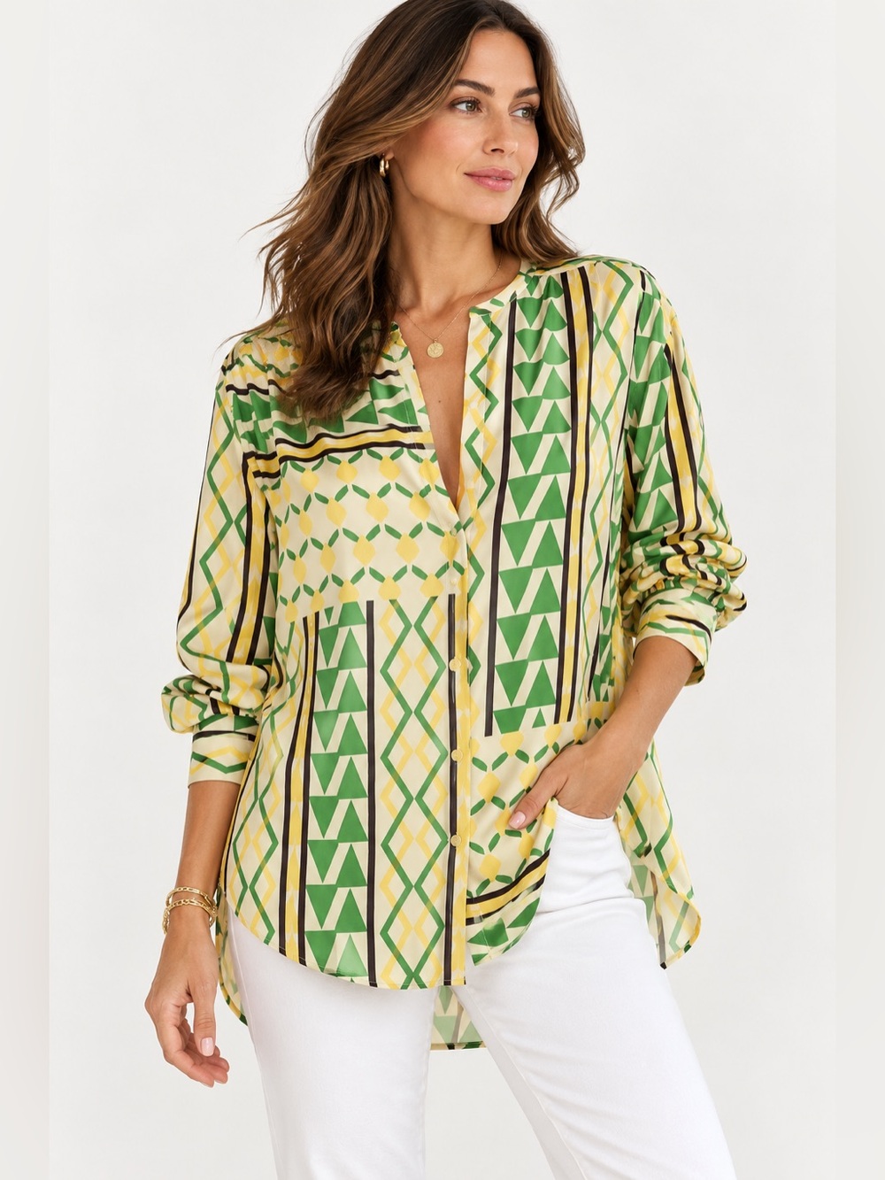 MISA Los Angeles Teodora Geometric Satin Tunic Blouse Limoncello Size S